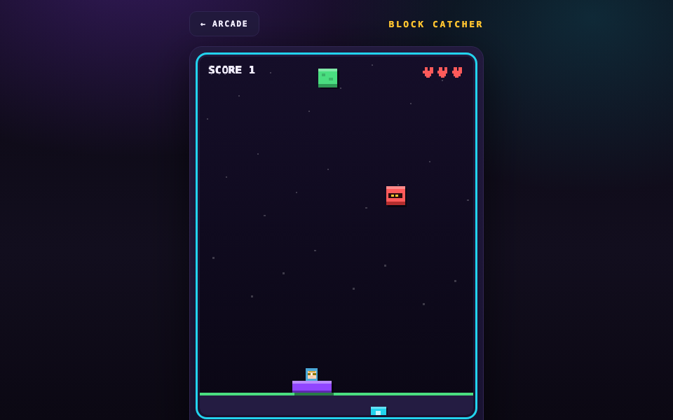 Block Catcher: falling pixel blocks and a cart to catch them with.