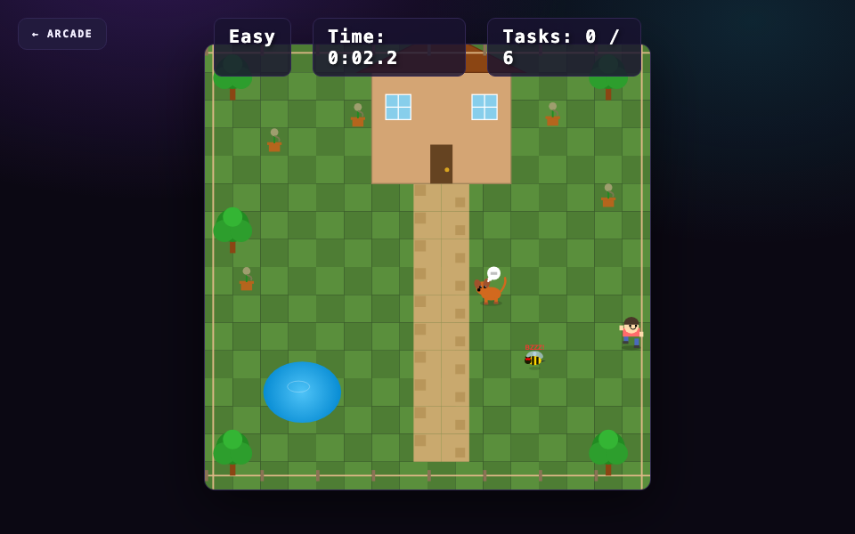 Chore Quest: a top-down pixel yard with plants to water and a puppy to feed.