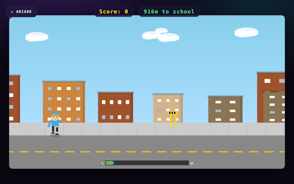 School Escape: a side-scrolling runner with obstacles on the pavement.