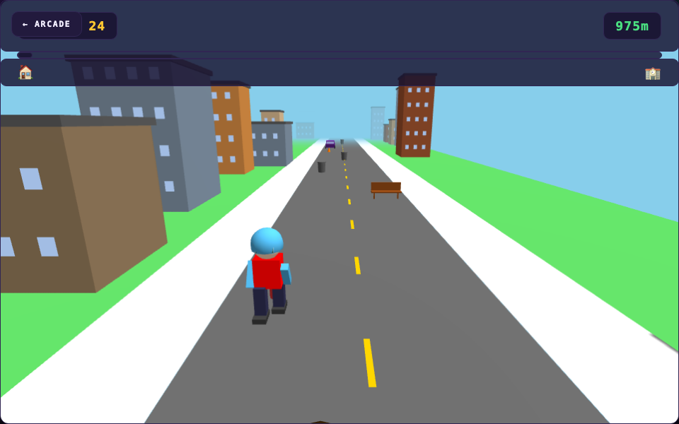 School Run 3D: a three-lane 3D runner heading towards a school building.
